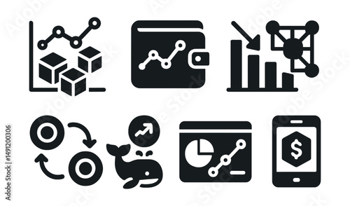 Solid style icons of blockchain analytics: on-chain data graph, wallet tracker, transaction volume chart, network heatmap, token flow diagram, whale activity icon, analytics dashboard, DeFi tracker.
