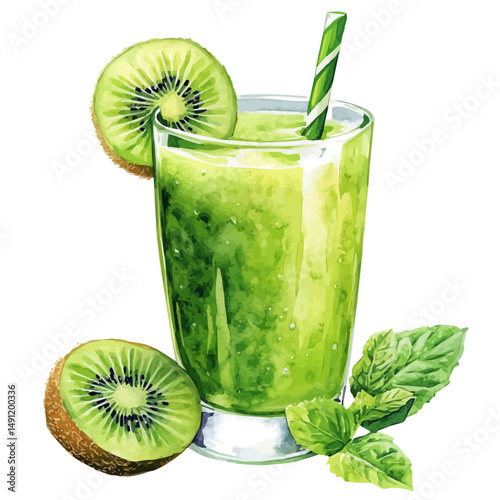 Kiwi Juice With Green Mint Garnish, watercolor illustration vector, high quality, isolated on a white background.