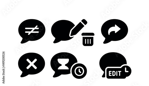 Solid style icons of deleted and edited messages: strikethrough bubble, edit pencil on bubble, delete bubble icon, undo message, message removed icon, expired message badge, bubble with history, edit