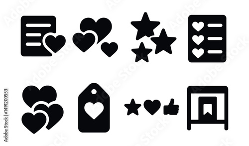 Solid style icons of favorite lists and groups: favorite list icon, heart collection, multi-star group, list with hearts, grouped favorites, tag with heart, favorite set icon, bookmark shelf.