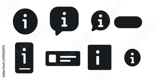 Solid style icons of contextual information: info on button, tooltip icon, hover info bubble, inline info tag, side panel info, form info icon, section info mark, content description dot.