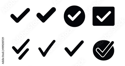 Solid style icons of check variations: simple check, bold check, circle with tick, square checkbox, double check icon, outlined tick, thin stroke check, highlighted confirmation.