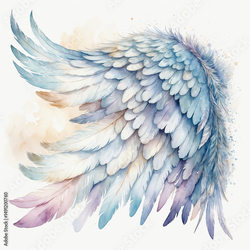Watercolor illustration of angel wings in soft blue and purple hues  isolated on white background, graphic design element