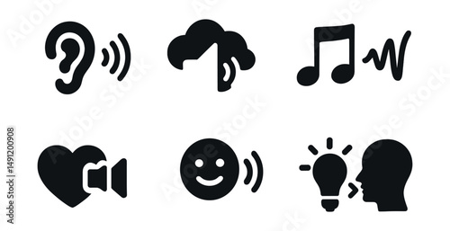 Solid style icons of symbolic audio metaphors: ear icon with sound wave, sound in cloud, musical note with speaker, abstract tone lines, heart and volume icon, emotion + sound symbol, light and sound