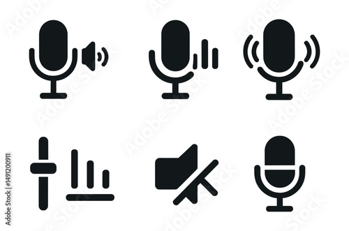 Solid style icons of voice and microphone control: mic with volume icon, voice input volume, mute mic button, sound wave from mic, input gain symbol, recording level icon, talkback off, mic toggle.