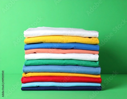 Stacked colorful shirts against bright green background