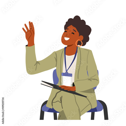 Elegant businesswoman cartoon character gesturing with raised hand asking question isolated on white