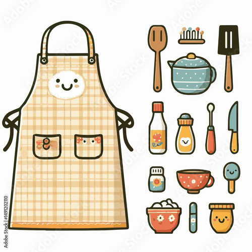 apron, illustration, chef, kitchen, uniform, isolated, restaurant, cook, cooking, vector, culinary, design, food, fabric, background, apparel, work, woman, white, waiter, black, clothing, clothes, ico