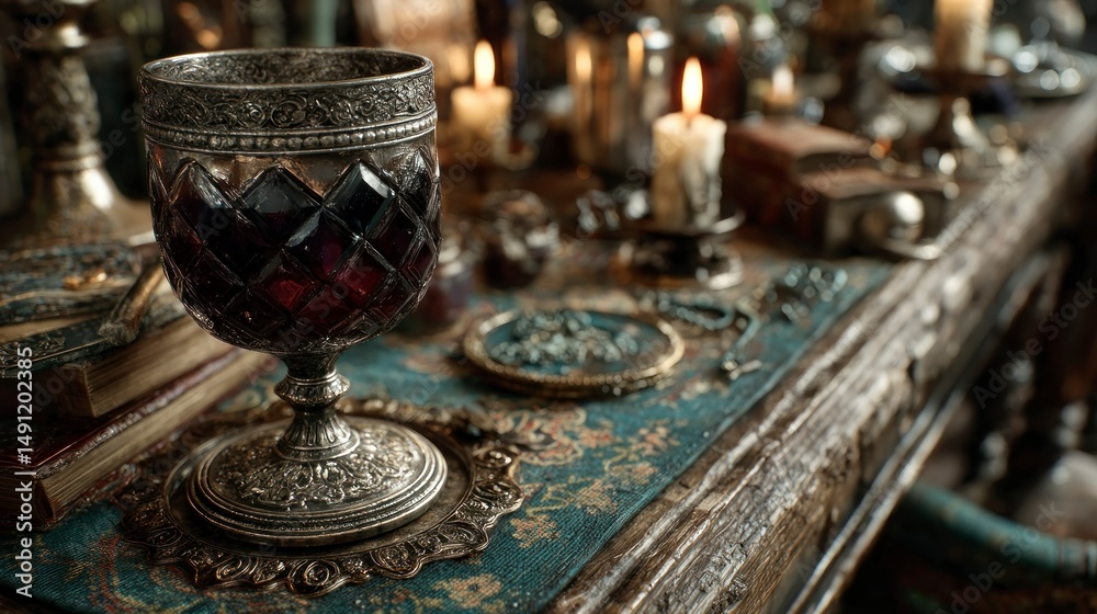 Fototapeta premium Antique Goblet on Rustic Table with Candles and Books Vintage Decor for Historical Fantasy o