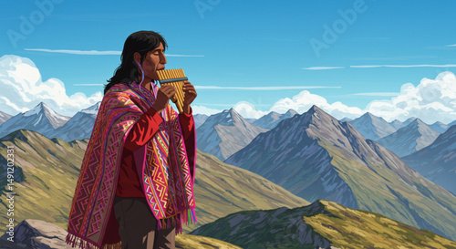 Traditional Andean Musician Performing with Pan Flute Amidst Misty Mountain Peaks – Colorful Folk Art Vector
