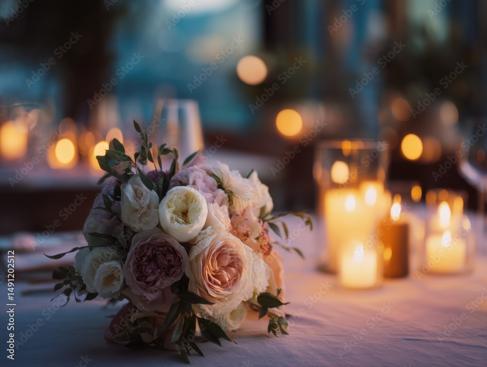 Obraz premium Elegant Floral Centerpiece and Candlelight on Table, Symbolizing Romance and Celebration for Wedding Planning and Anniversary Events : Generative AI