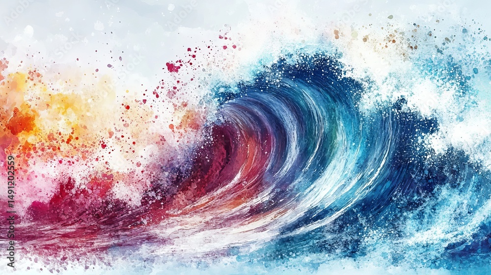 Fototapeta premium Abstract Ocean Wave Watercolor Painting Blue Red Orange Splash art sea fluid style image brush 