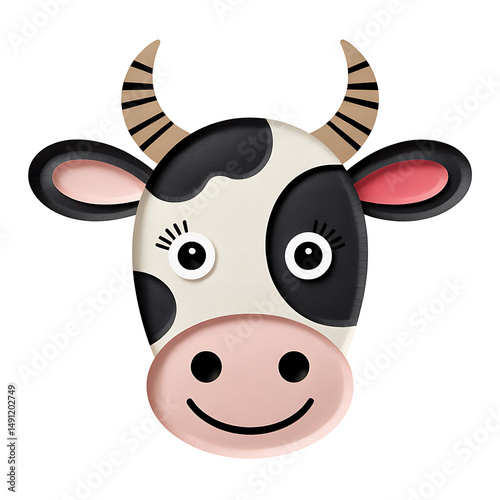 Friendly cow face in paper collage style