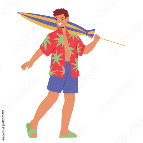 Young man tourist cartoon character wearing beach clothing holding touristic accessory for rest