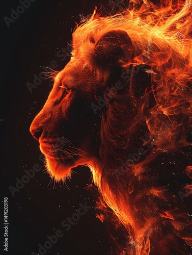 Fiery lion profile against dark backdrop