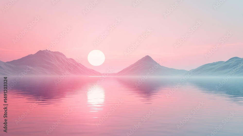 Naklejka premium Pastel sunset over a tranquil mountain lake.