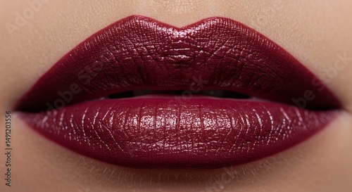 Close-up of full lips adorned with a rich, dark red lipstick, showcasing the texture and color in vivid detail. Perfect for beauty products.