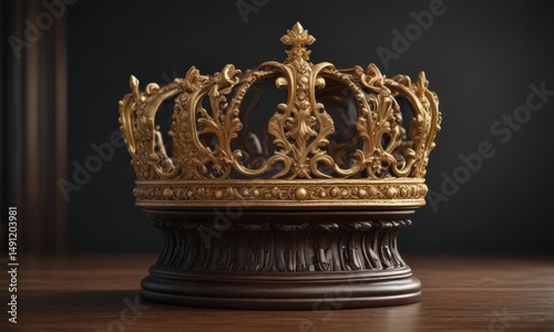 Ornate crown of gold, atop a finely carved, dark wood pedestal ,  royal,  precious metal,  historical