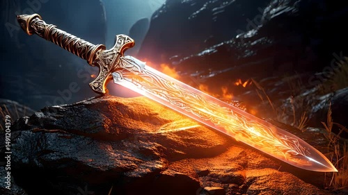 Mystical Enchanted Sword with Glowing Runes on a Rocky Altar