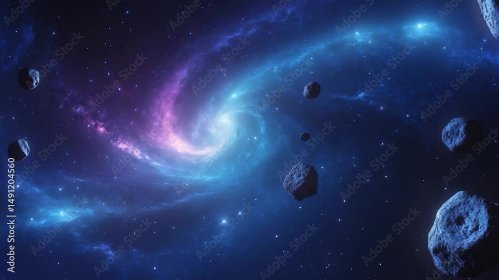 Abstract cosmic background featuring asteroids and glowing stars. Ai provides elements for this image