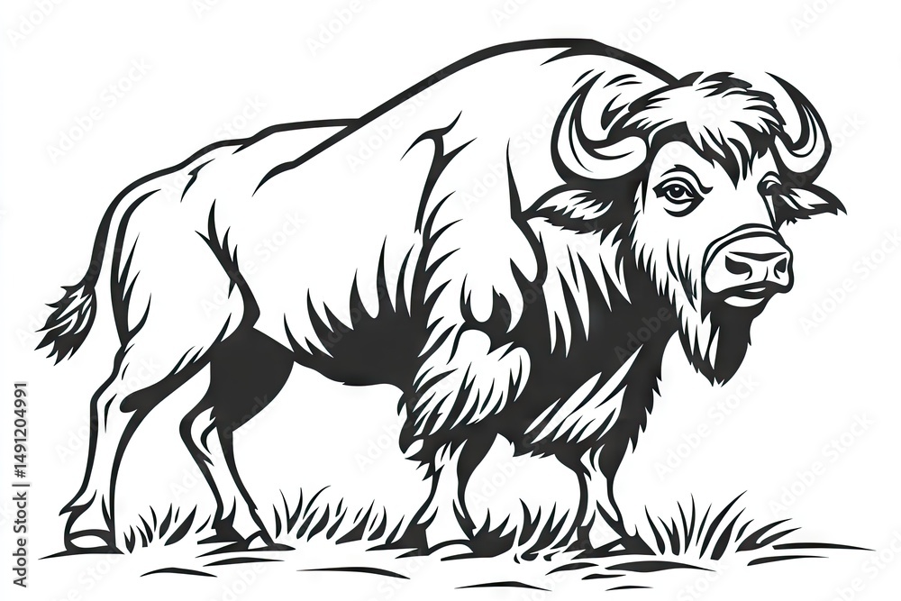Fototapeta premium Powerful bison illustration in black and white.