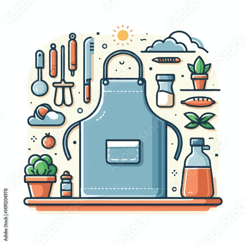 apron, illustration, chef, kitchen, uniform, isolated, restaurant, cook, cooking, vector, culinary, design, food, fabric, background, apparel, work, woman, white, waiter, black, clothing, clothes, ico