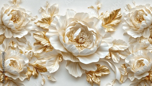 Fototapeta Naklejka Na Ścianę i Meble -  Ornate floral relief, cream and gold
