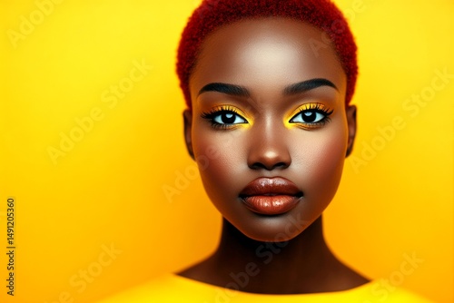 Commercial digital ads conceptual art. Short coiffure - red hair. Pretty calm black girl - for ads, flyer and web promotion use. Modern black trends. African hair design. Artistic black beaut.
