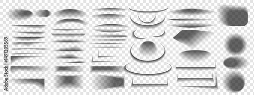 Set of transparent shadows. Realistic black shadow effect from paper or packing box. Vector round, oval, square, rectangular shadows, shadow stripes on transparent background.