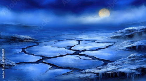 Frozen landscape under a pale moon.