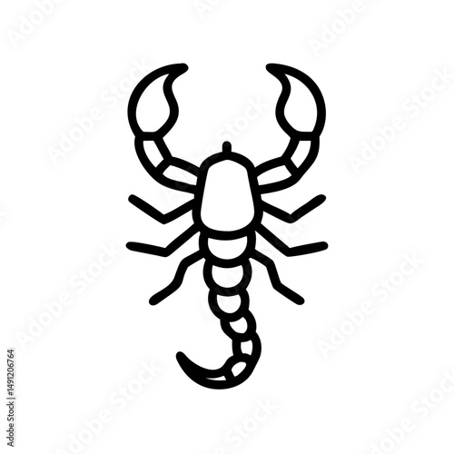 Simple graphic depiction of a black outline of a scorpion with its tail and claws shown clearly on white 100