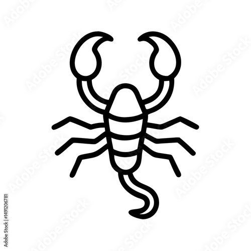 Simple outline drawing of a black scorpion with claws and segmented body on a white background surface