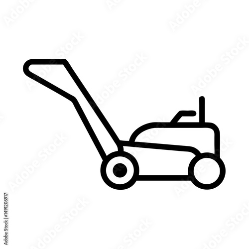 Simple graphic of a lawn mowing machine with a handle and wheels in black outline design style