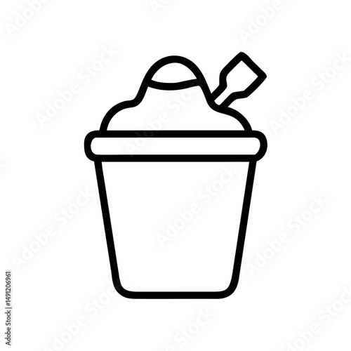 Outline drawing of a bucket filled with something and a small shovel sticking out of the top side