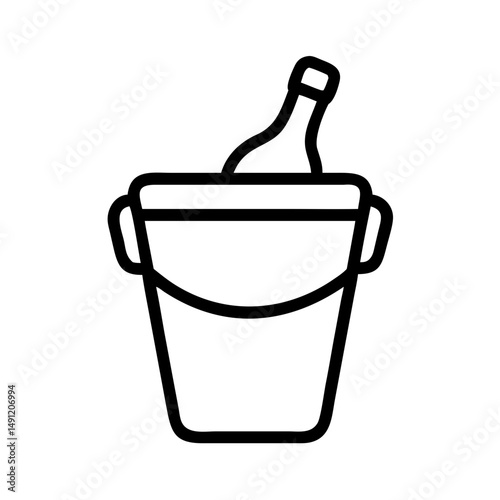 Outline drawing of a bottle in an ice bucket with handles, simple black and white line drawing style