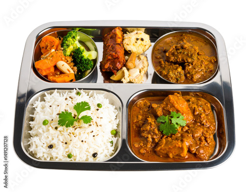 An Indian thali plate with various dishes, including rice and curries isolated on a transparent background