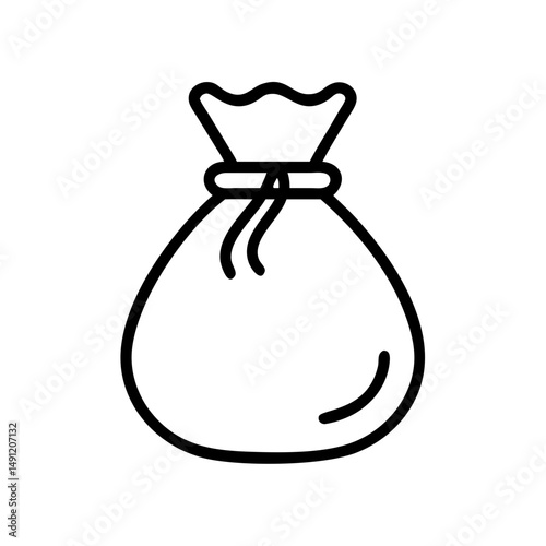Outline drawing of a tied sack with a cinched top and visible string detail, simple and clean design