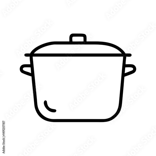 Simple graphic of a cooking pot with a lid and handles, drawn with a bold black outline style design