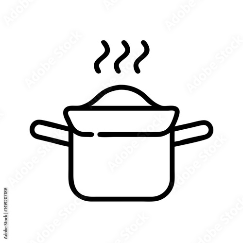Outline drawing of a cooking pot with handles and steam rising from the lid on a white background