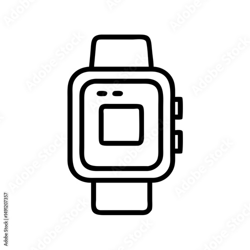 Outline drawing of a smartwatch with a square screen and two buttons on the right side of the device