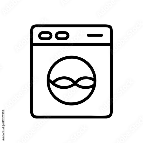 A simple graphic of a front loading washing machine with a circular door and control panel design