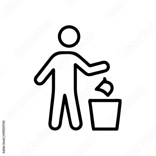 Simple graphic of a person throwing trash into a bin, promoting cleanliness and environmental awareness