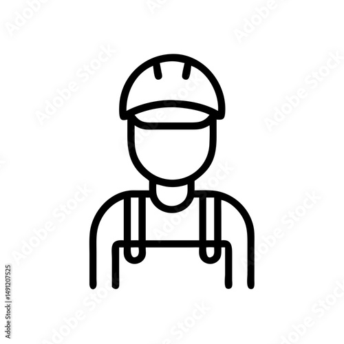 Outline graphic of construction worker wearing a hard hat and overalls uniform attire design icon