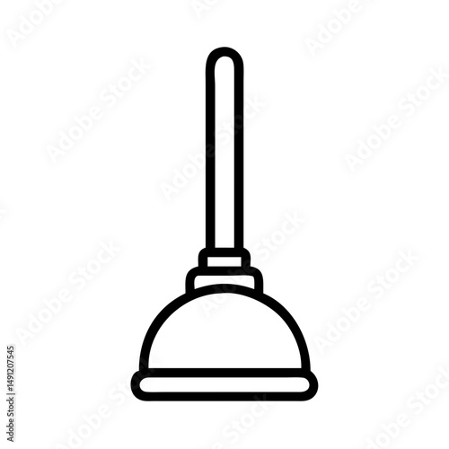 A simple black and white graphic of a plunger with a long handle and a dome shaped rubber cup tool
