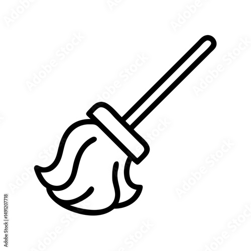 Simple graphic showing a cleaning implement with a long handle and fabric strands, in black outline style