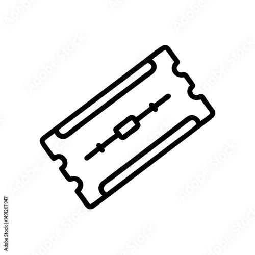 Depiction of a rectangular ticket with perforated edges and a central line design element shown