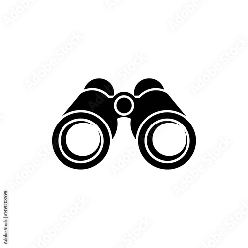 A simplistic black icon of binoculars