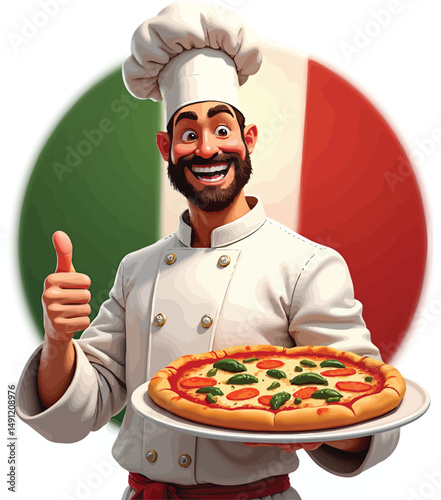 Italian chef pizza maker holding pizza with italian flag background for restaurant promotion and marketing
