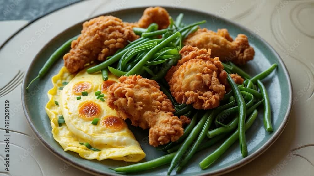 A comfort food platter with crispy fried chicken, an omelette, and green beans stir-fried