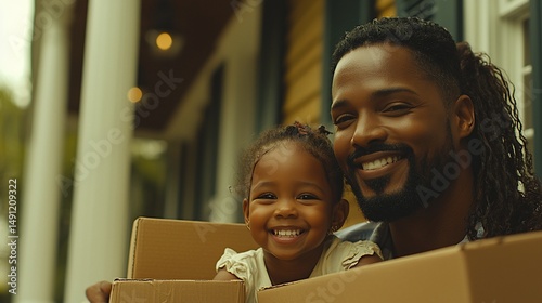 Happy father and daughter smiling, nestled among moving boxes on a porch.  New home, family joy